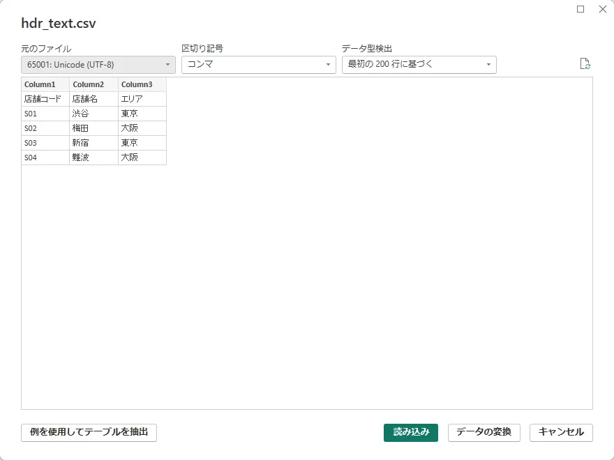 hdr_text.csv のプレビュー。見出しが Column1、Column2、Column3 になり、1行目に「店舗コード」「店舗名」「エリア」が入っている