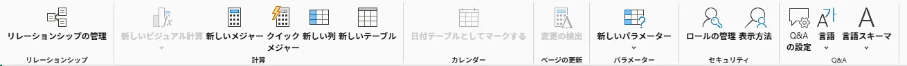 「モデリング」タブのリボン。「計算」グループに、新しいメジャー、クイック メジャー、新しい列、新しいテーブルが並んでいる
