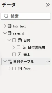 データペインの「日付テーブル」。列は「Date」の1つだけで、左に展開の矢印がある
