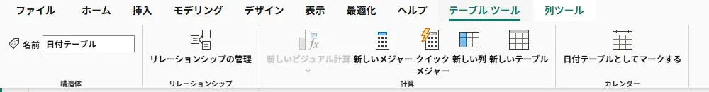 「モデリング」タブの「カレンダー」グループ。「日付テーブルとしてマークする」のボタンがある