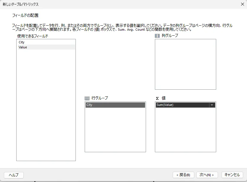 「フィールドの配置」の画面。使用できるフィールドの City と Value のうち、City が「行グループ」に、Sum(Value) が「値」に入っている